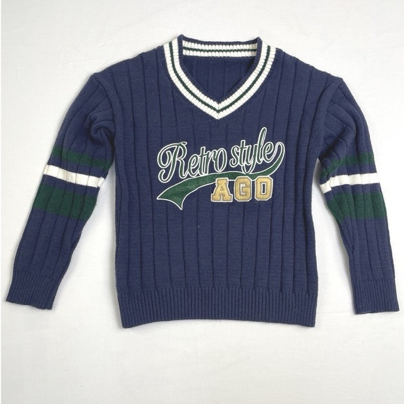 Dazy Sweaters - Dazy Y2K Varsity Retro Style Sweater Navy V Neck Ribbed Embroidered Graphic L